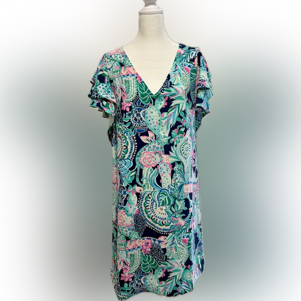Lilly Pulitzer size 10 ruffled cap sleeve shift dress Lookin Sharp print
